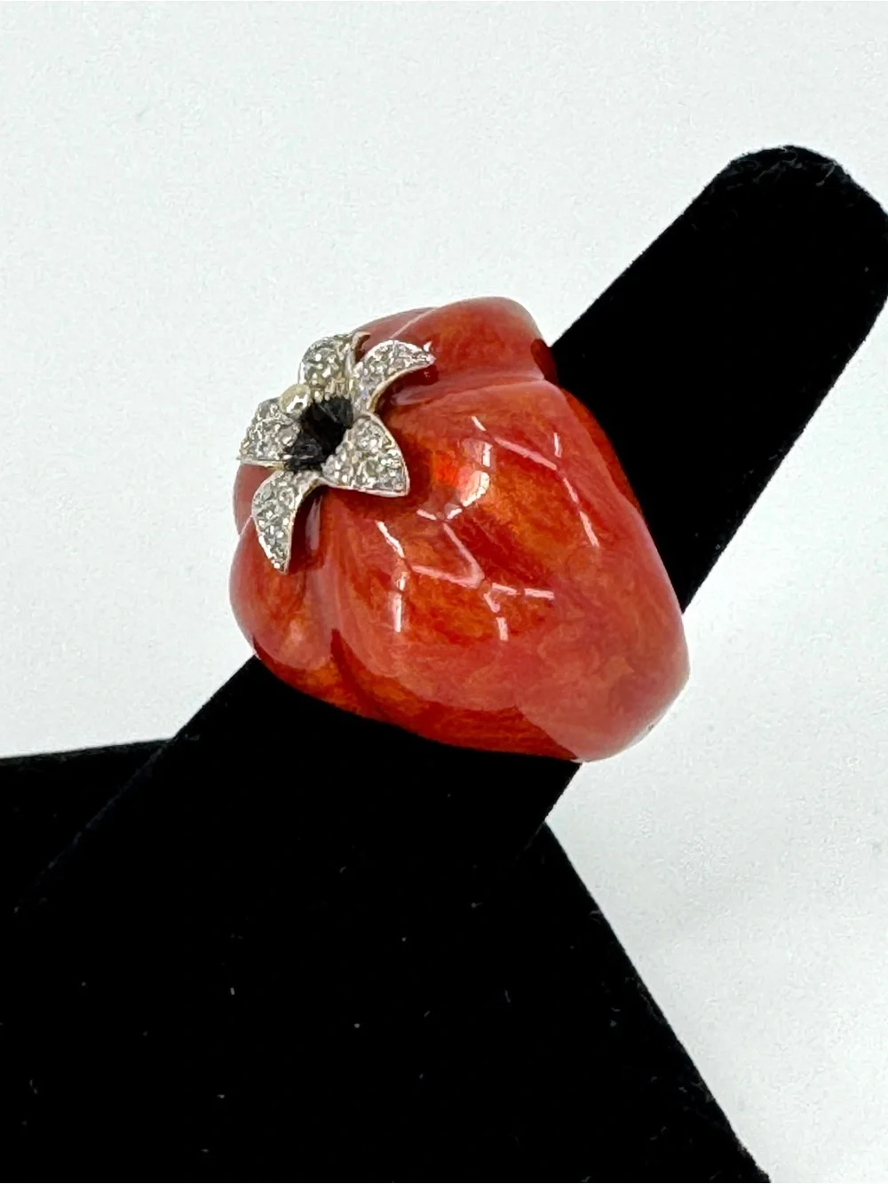 Vintage Floral 18k Gold Enamel Statement Ring with Pave Diamonds